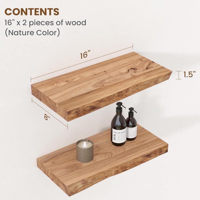 FLYJOE Floating Shelves for Wall Decor, Rustic Solid Elm Wood Live Edge Floating Shelves Wall Mounted, Wall Shelves with Invisible Bracket for Living Room Bathroom Bedroom Kitchen, 16 Inch Set of 2, Natural - Image 2